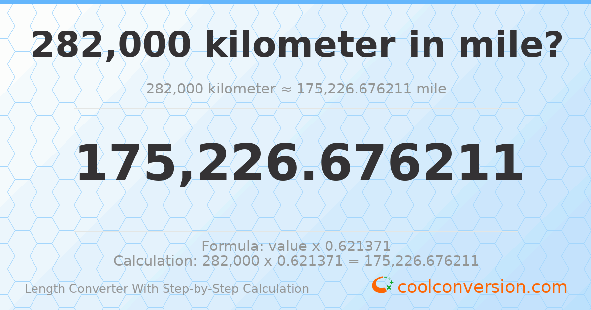 282000 kilometers = 175227 miles