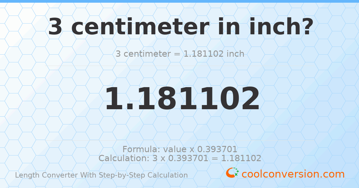 3 centimeters = 1.1811 inches