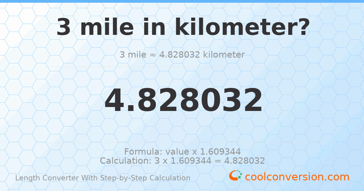 3 miles = 4.82803 kilometers
