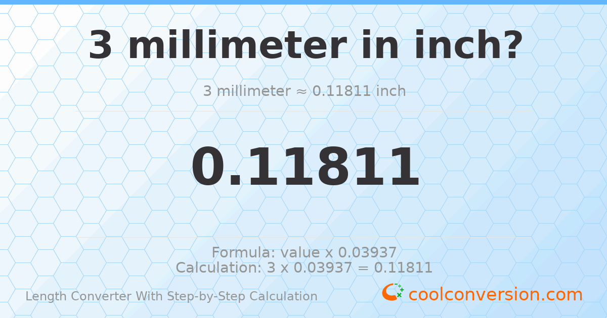 3 millimeters = 0.11811 inches