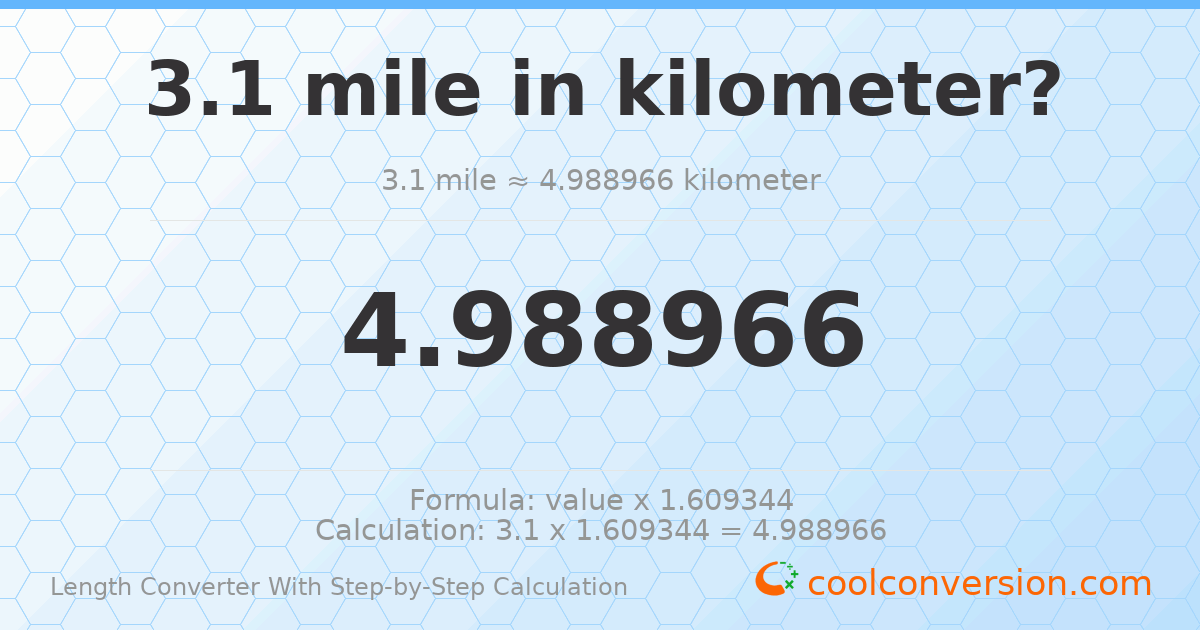 3.1 miles = 4.98897 kilometers