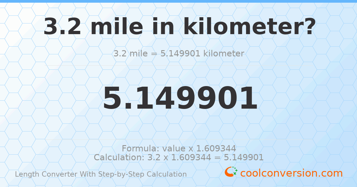 3.2 miles = 5.1499 kilometers