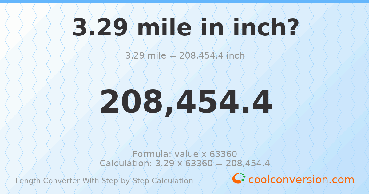3.29 miles = 208454 inches