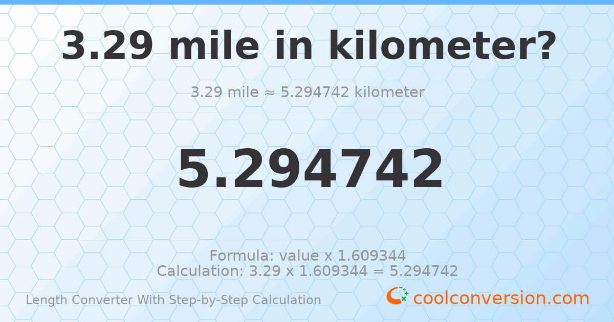 3.29 miles = 5.29474 kilometers