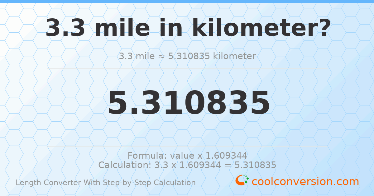 3.3 miles = 5.31084 kilometers