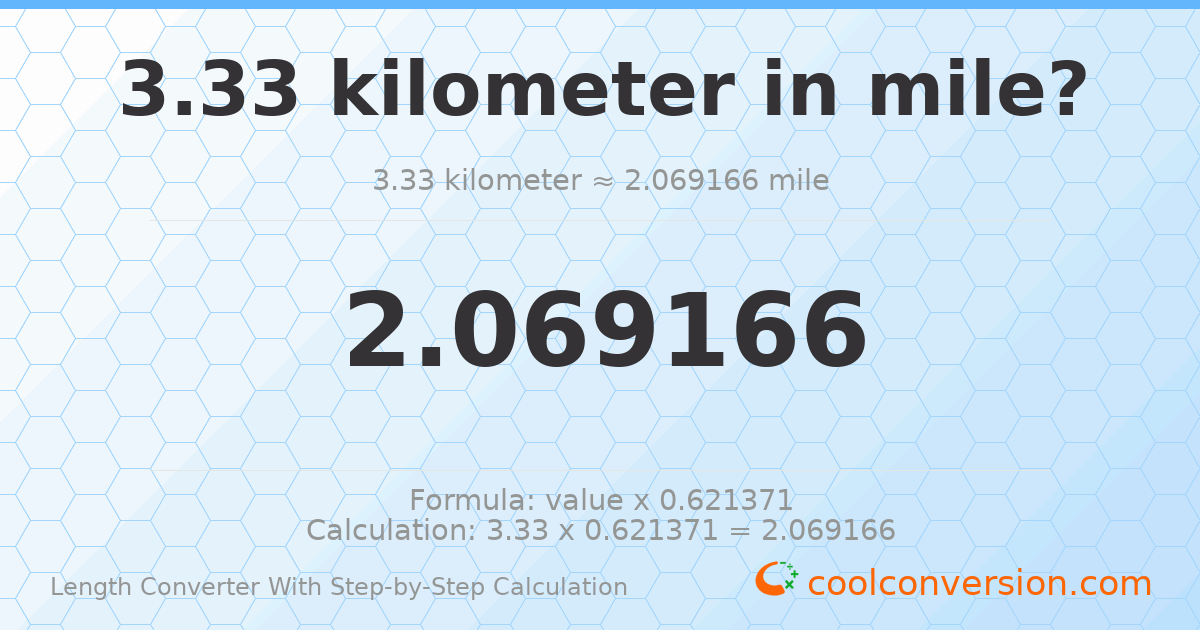 3.33 kilometers = 2.06917 miles