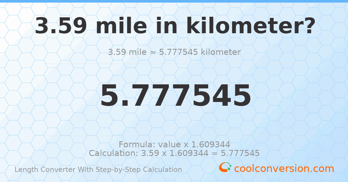 3.59 miles = 5.77754 kilometers