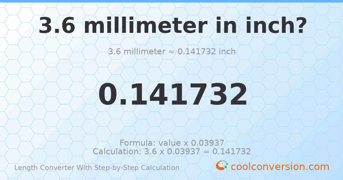 3.6 millimeters = 0.141732 inches