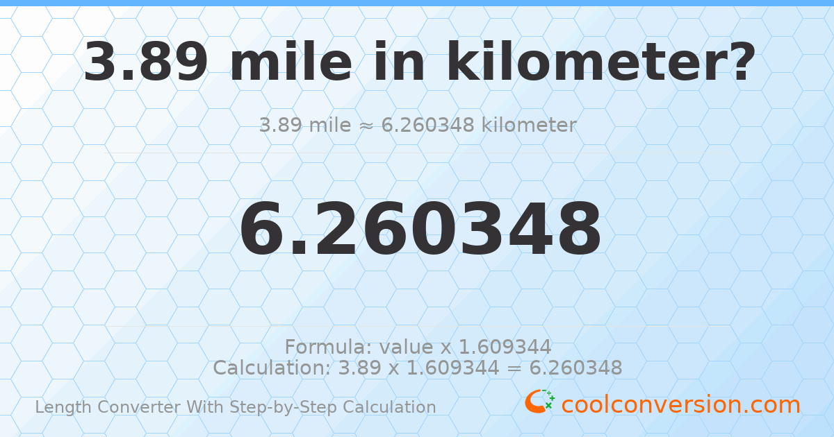 3.89 miles = 6.26035 kilometers