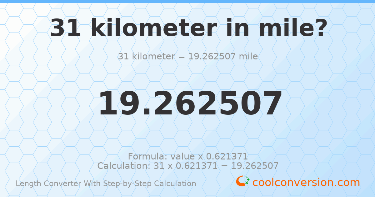 31 kilometers = 19.2625 miles