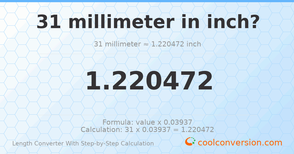 31 millimeters = 1.22047 inches