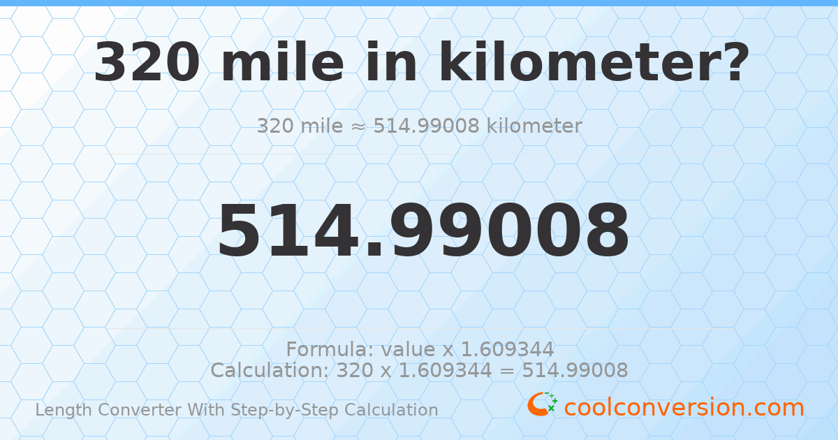 320 miles = 514.99 kilometers