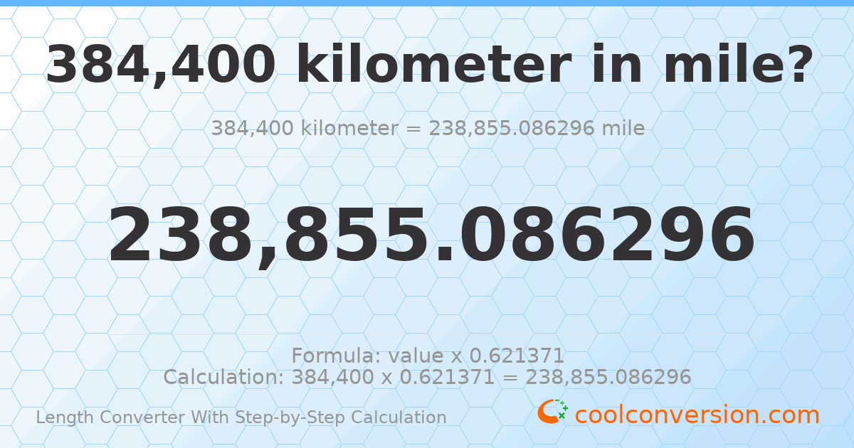 384400 kilometers = 238855 miles