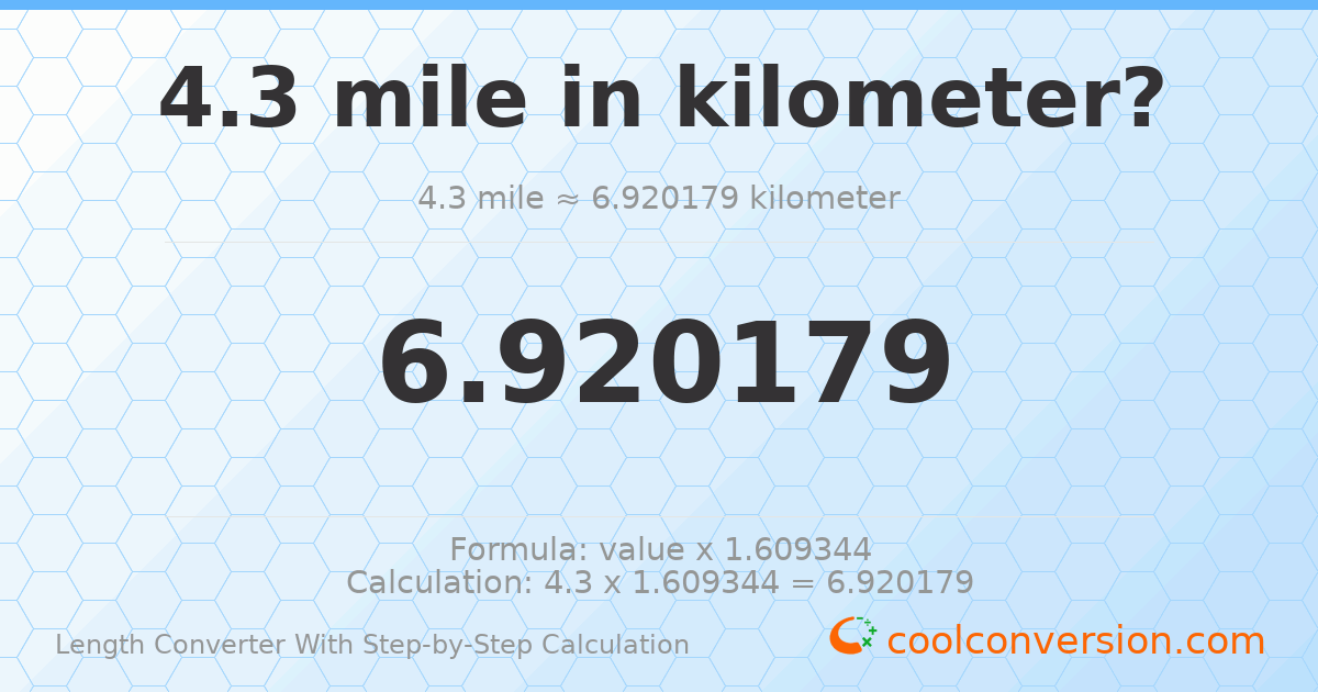 4.3 miles = 6.92018 kilometers