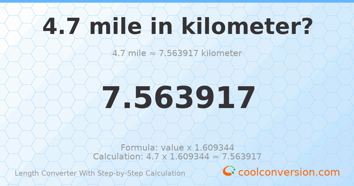 4.7 miles = 7.56392 kilometers