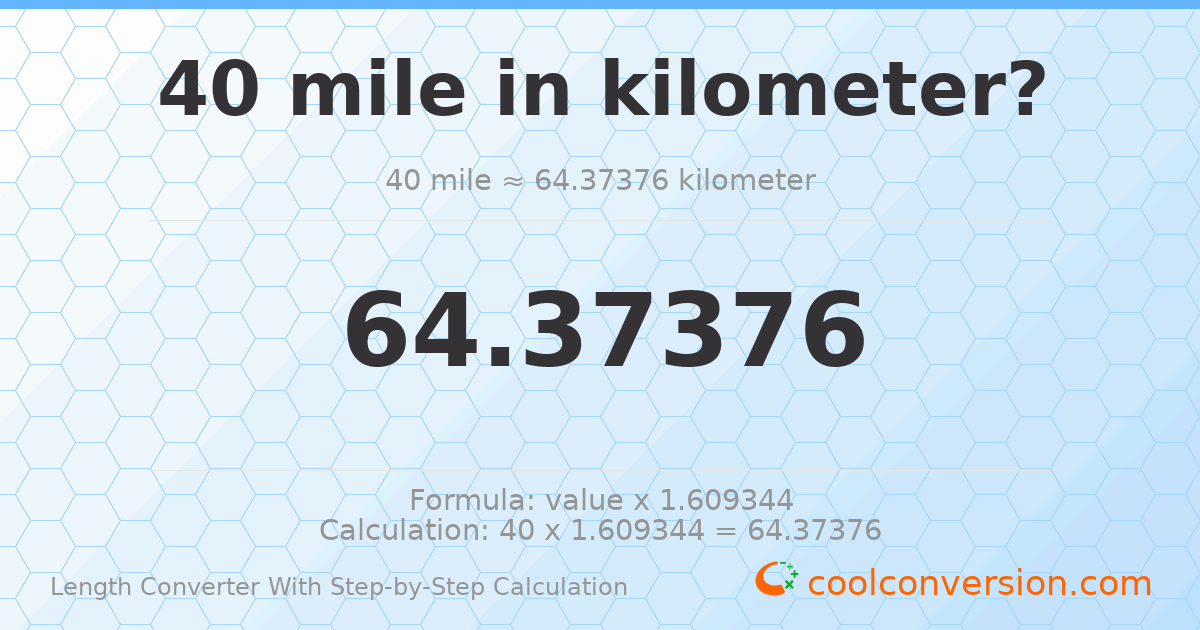 40 miles = 64.3738 kilometers