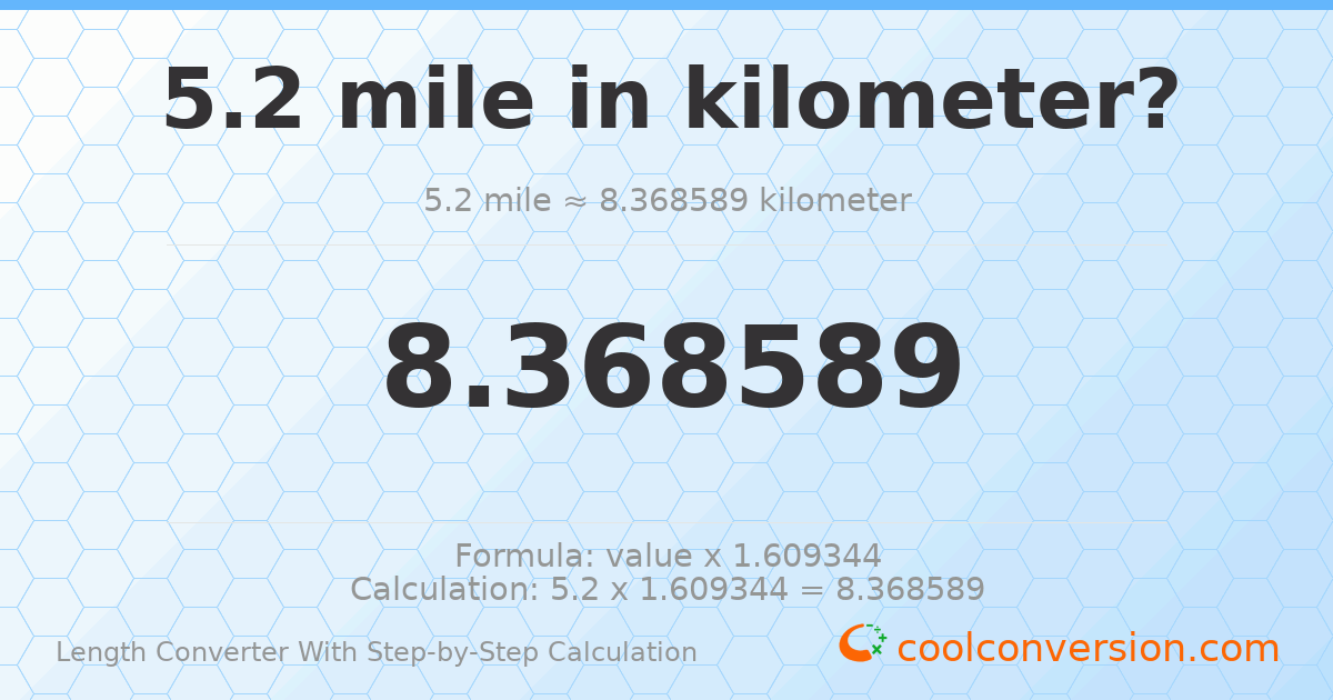 5.2 miles = 8.36859 kilometers