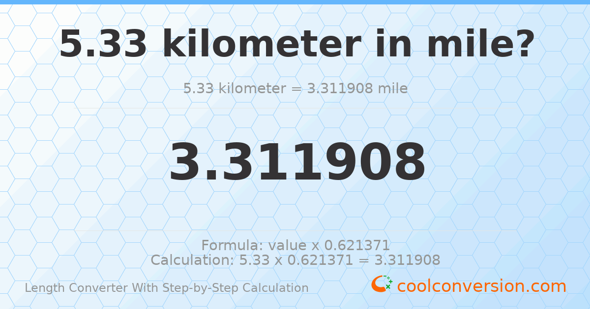 5.33 kilometers = 3.31191 miles