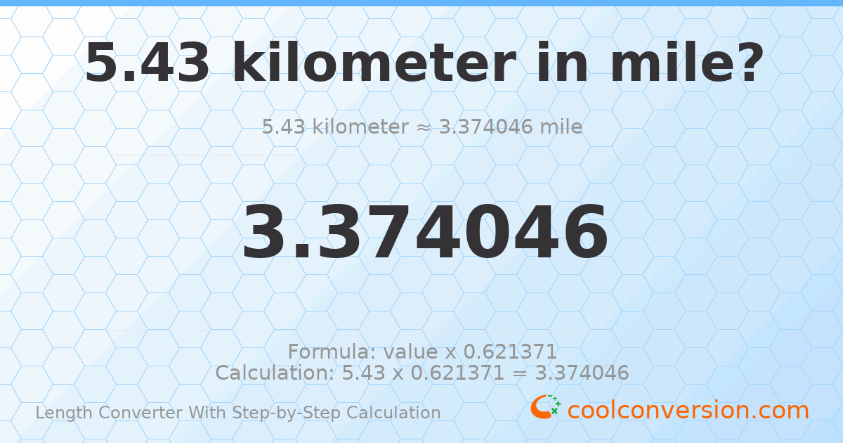 5.43 kilometers = 3.37405 miles