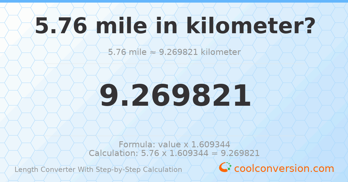 5.76 miles = 9.26982 kilometers