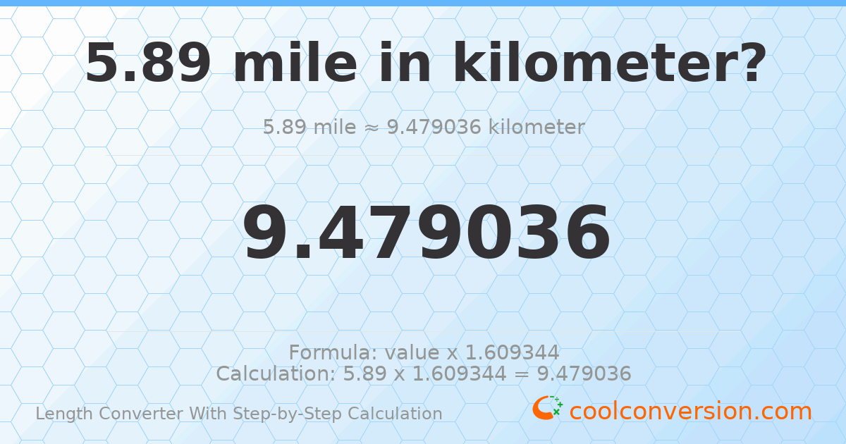 5.89 miles = 9.47904 kilometers