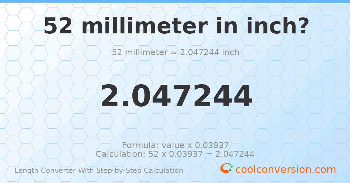 52 millimeters = 2.04724 inches