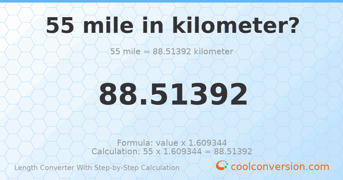 55 miles = 88.5139 kilometers