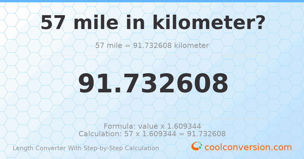 57 miles = 91.7326 kilometers