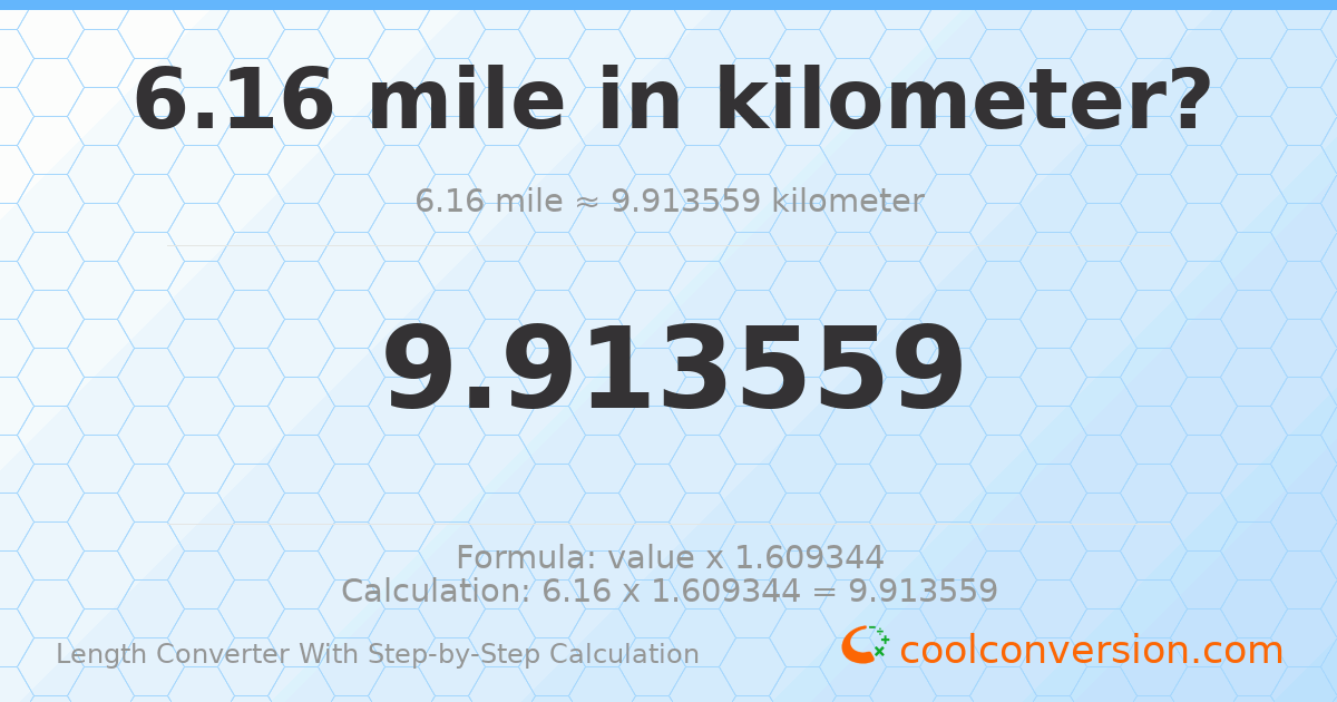 6.16 miles = 9.91356 kilometers