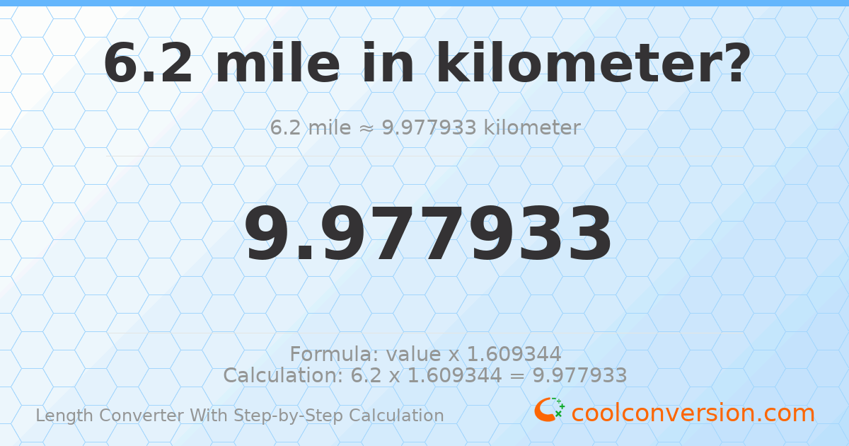 6.2 miles = 9.97793 kilometers