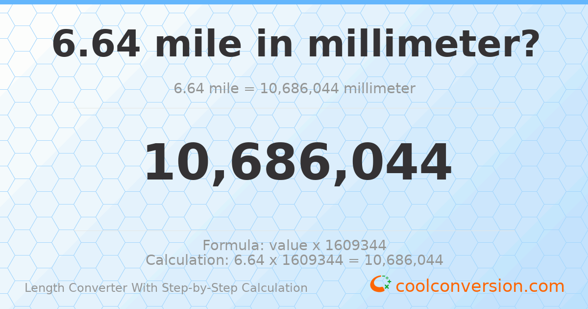 6.64 miles = 1.0686 × 10⁷ millimeters