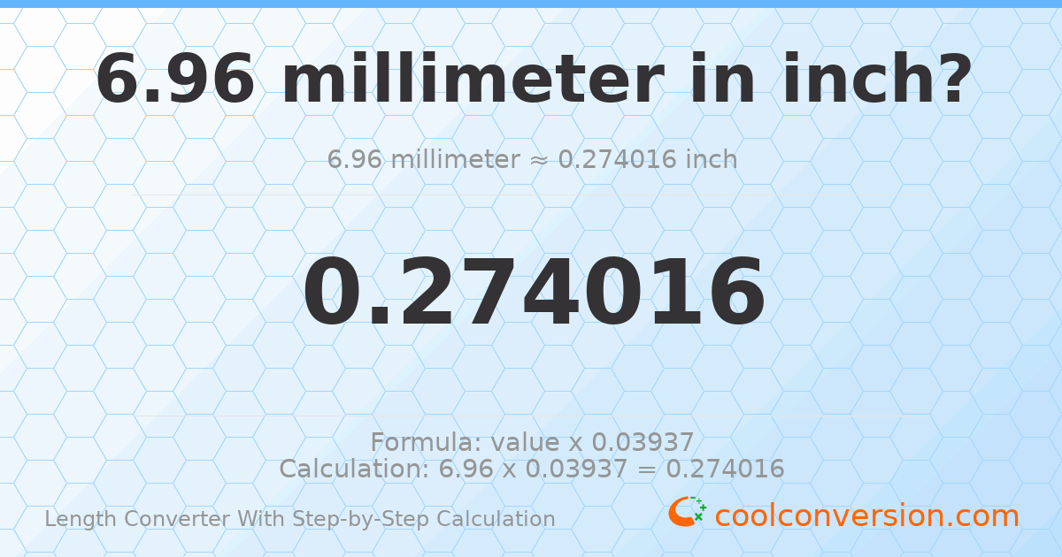 6.96 millimeters = 0.274016 inches