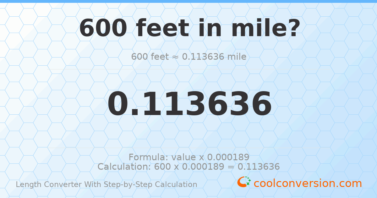 600 feet = 0.113636 miles