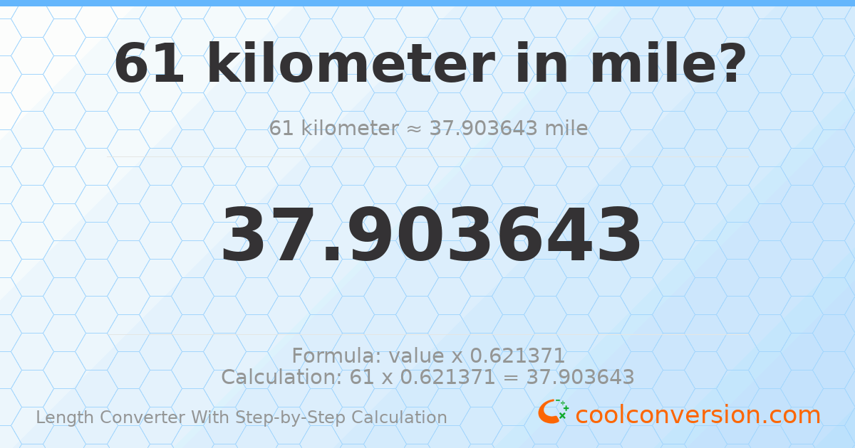 61 kilometers = 37.9036 miles
