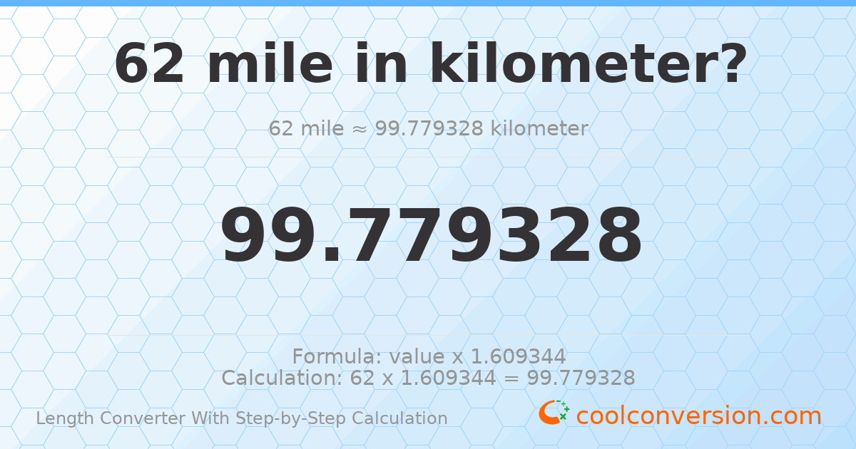 62 miles = 99.7793 kilometers