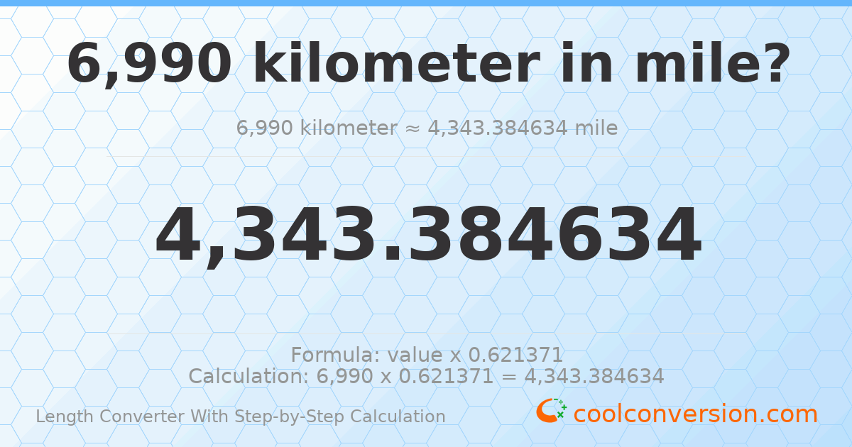 6990 kilometers = 4343.38 miles