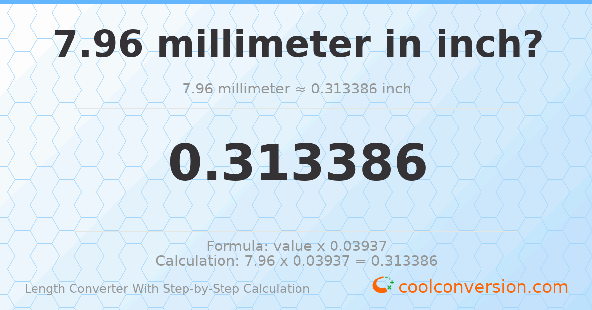 7.96 millimeters = 0.313386 inches