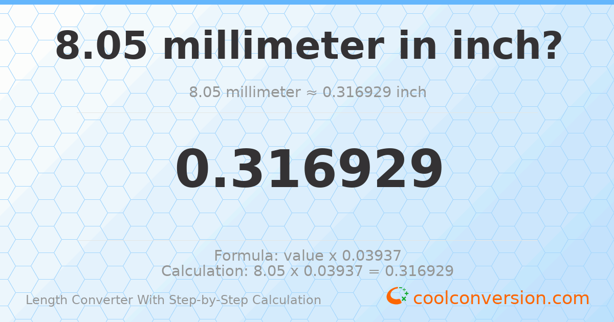 8.05 millimeters = 0.316929 inches