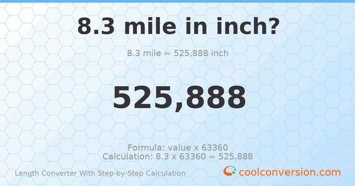 8.3 miles = 525888 inches