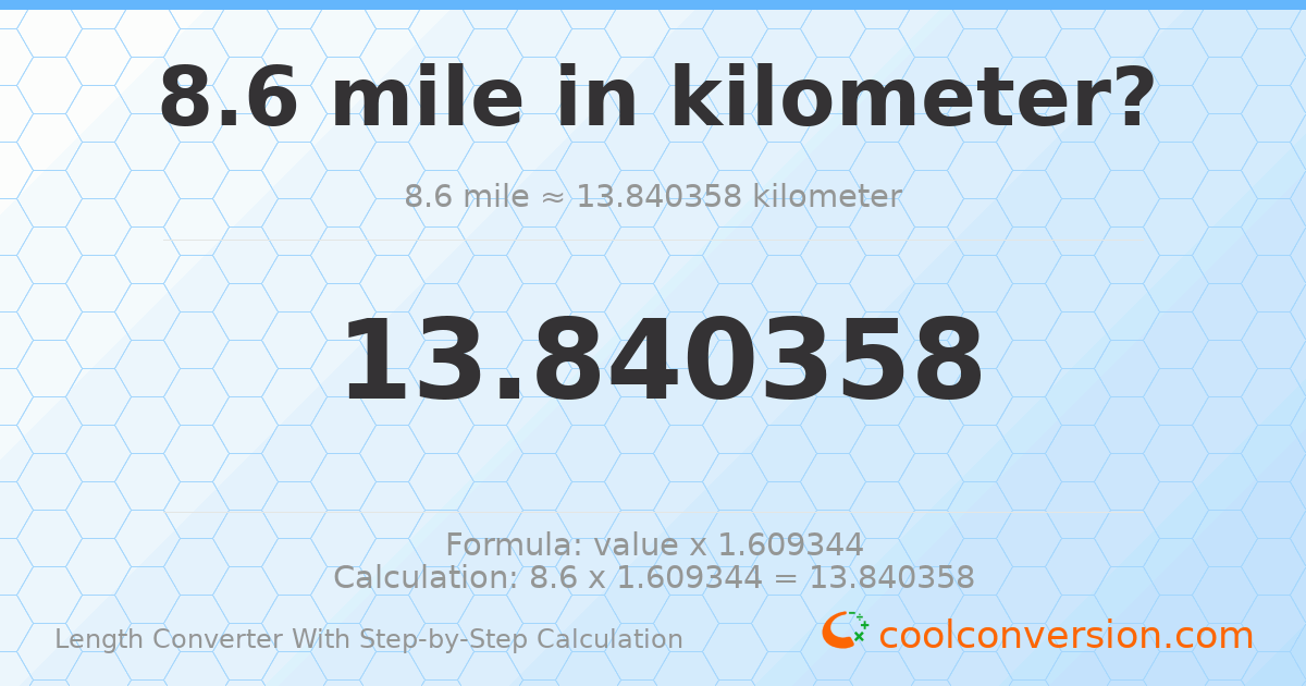 8.6 miles = 13.8404 kilometers
