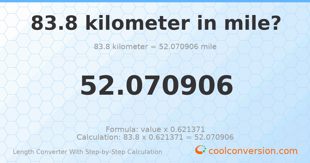 83.8 kilometers = 52.0709 miles