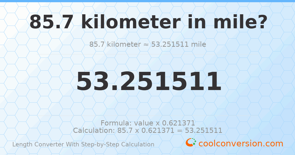85.7 kilometers = 53.2515 miles