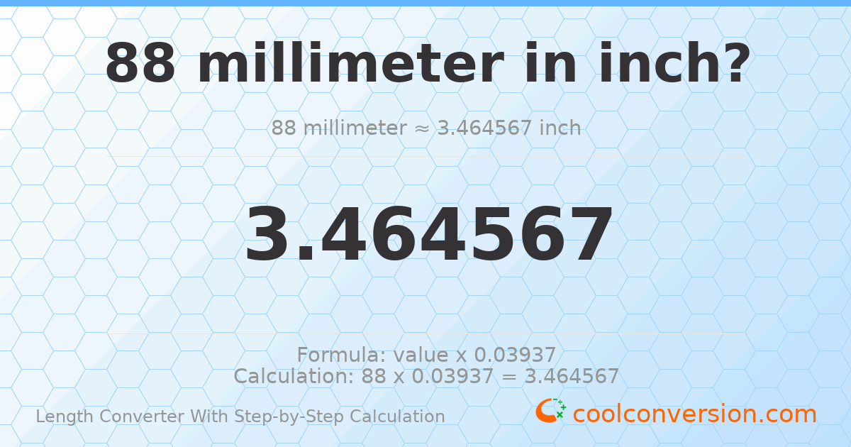 88 millimeters = 3.46457 inches