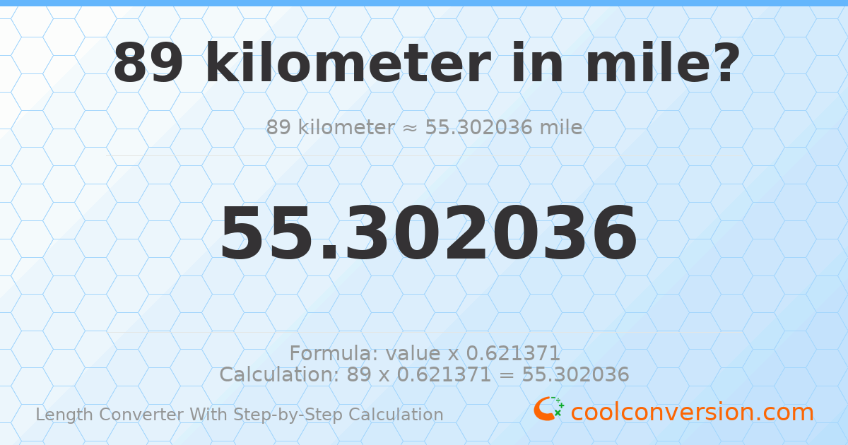 89 kilometers = 55.302 miles