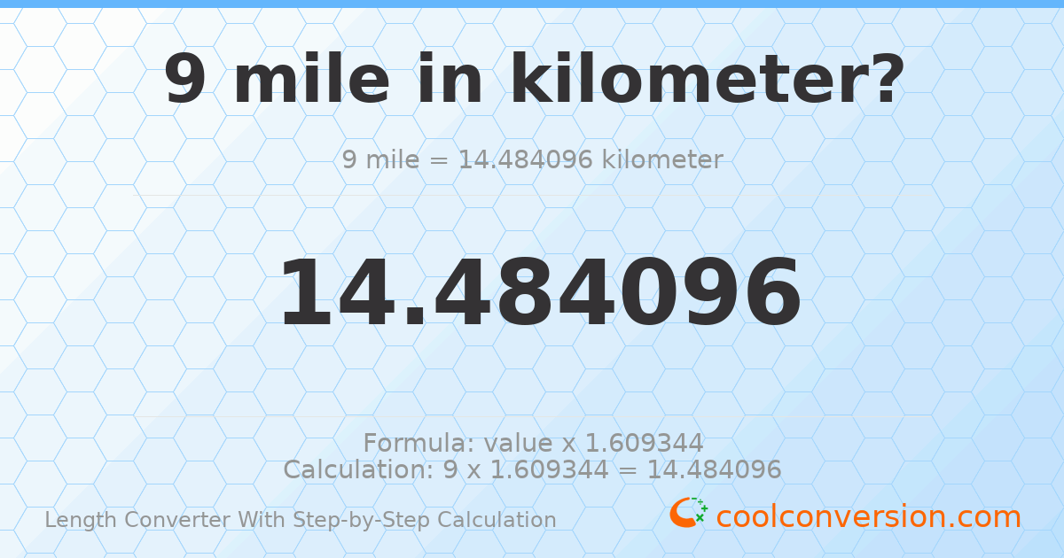 9 miles = 14.4841 kilometers