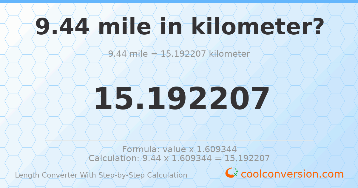 9.44 miles = 15.1922 kilometers