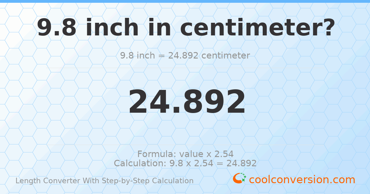 9.8 inches = 24.892 centimeters