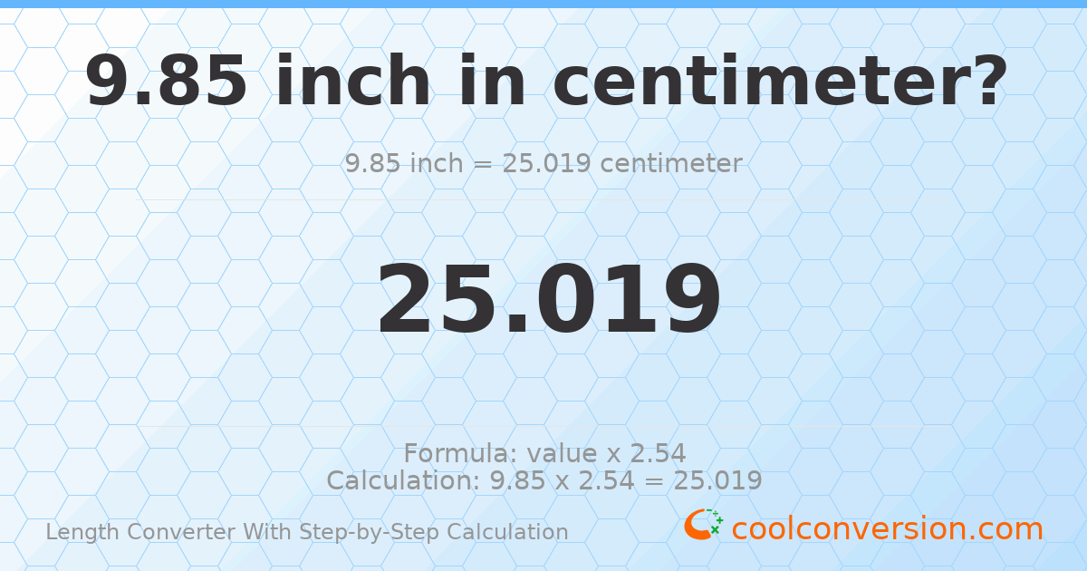 9.85 inches = 25.019 centimeters