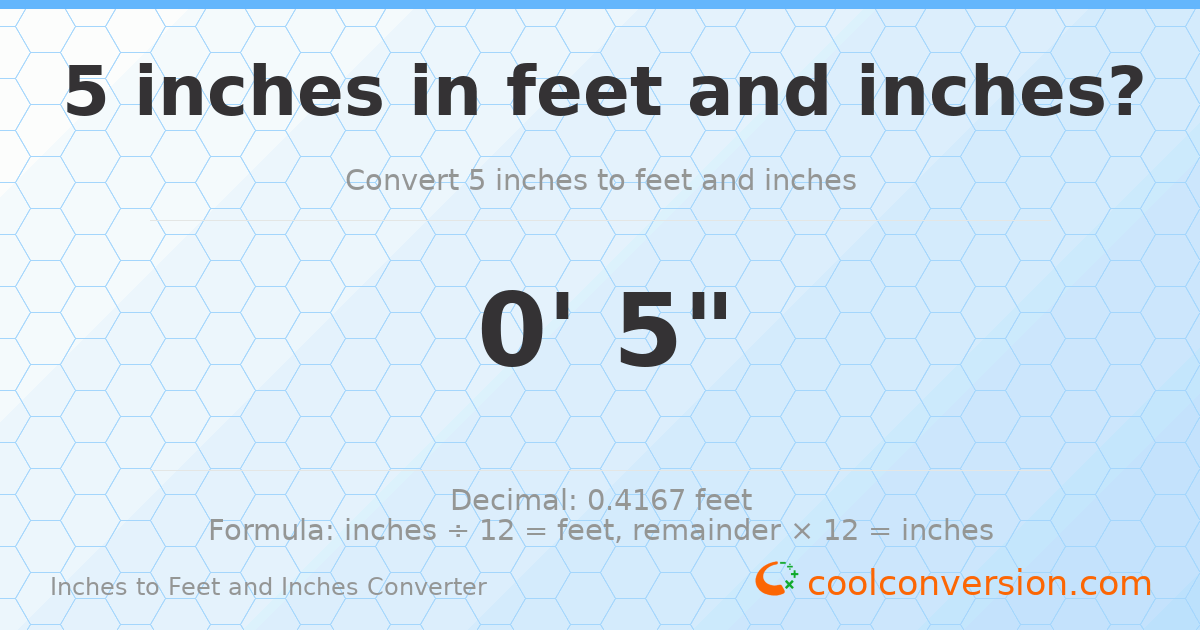 5 inches to feet and inches — 5 in = 0' 5"