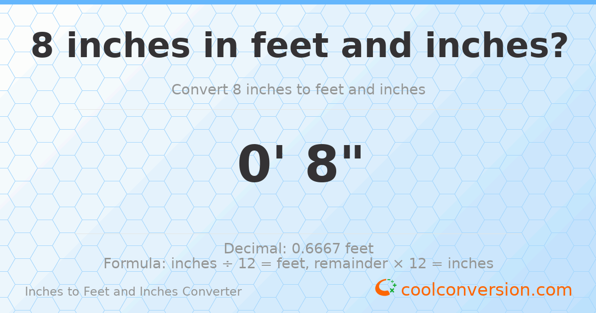 8 inches to feet and inches — 8 in = 0' 8"